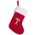 Red knit Christmas stocking with white faux fur trim and gold embroidered letter T - Letter T (T)
