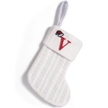 White knitted Christmas stocking with red letter V embroidery and Santa hat detail - Letter V