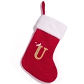 Red knit Christmas stocking with white faux fur trim and gold embroidered letter U - Letter U (U)