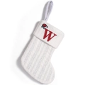 White knit Christmas stocking with red letter W embroidery and hanging loop decoration - Letter W