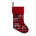 Red buffalo plaid Christmas stocking with white paw prints and knitted cuff - Red Plaid