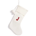 Knitted ivory Christmas stocking with red letter J and white pompom decorations - White Letter J