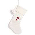 Cream white knitted Christmas stocking with large red letter P and pompom decor - White Letter P
