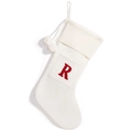White knitted Christmas stocking with red letter R embroidery and plush pom-pom charms - White Letter R
