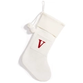 White knit Christmas stocking with red letter V embroidery and white plush pom-poms - White Letter V