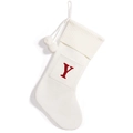 Knitted white Christmas stocking with red letter Y embroidery and plush pompoms - White Letter Y