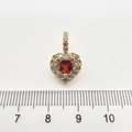 Macro shot of heart-shaped ruby zircon pendant with pavé halo setting and scale measure - Red Rhinestone Heart Pendant Only (Without Chain) / 18K Gold