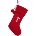 Classic red knitted Christmas stocking with white letter T patch and pom poms - Red T