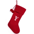 Knitted red Christmas stocking with letter Y and decorative pom poms for holiday decor - Red Y