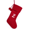Red knit Christmas stocking featuring white letter Z embroidery and decorative pom poms - Red Z