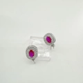 Detailed macro view of 925 silver earring mounts with oval pink stones and zircon halos - Earrings-White Gold-Pair