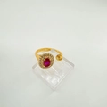 Detailed view of adjustable gold-plated ring with oval red gemstone and zircon micro-pave - Ring - Gold