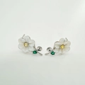 Detailed macro of s925 silver daisy earrings with white shell petals and green gems - Earring Posts / One Pair (Without Pearl) / White Gold