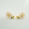 Macro shot of flower earrings with white shell petals and a yellow center gemstone - Earring Posts / One Pair (Without Pearl) / Gold