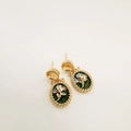 18K gold-plated vintage rose earrings with colorful enamel background and rope frame - Dark Green Tulip Style (Without Pearl)