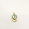 Oval 18K gold-plated floral pendant with light blue enamel, green leaves and white pearls - Tulip Style
