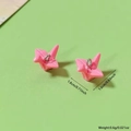 Macro detail of pink resin origami crane pendants with measurements and top metal rings - Pink Paper Crane