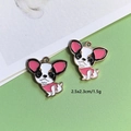 Detailed view of dog enamel pendants with size info 2.5x2.3cm and 1.5g weight - Dog in Pink Clothes