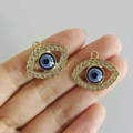 Colgantes de ojo turco dorados con pedrería blanca y centro azul para joyería DIY - Ojo Dorado con Encaje