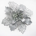 Détail d'une fleur de Noël argentée de 15 cm avec paillettes et pétales ajourés - 15cm Argent