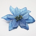 Flor de Navidad artificial azul con purpurina y estambres verdes para decorar el árbol - 14cm Azul