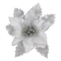 Silver 15cm Christmas poinsettia flower with glitter petals and green stamens on white background - Large / Silver