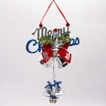 20cm silver Merry Christmas sign with red bow and small hanging bells for tree decor - Blue