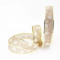 Close-up of 5cm burlap ribbon with white snowflake print and sparkling gold wired edges - 5cm Width / Rose Gold