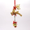 Golden 26cm Christmas reindeer pendant with red bows, small bells, and Merry Christmas text - 26cm Gold