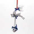 26cm Silver reindeer Christmas pendant with bells, blue bows, and Merry Christmas sign - Silver