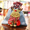 Christmas burlap gift bag with plush reindeer, tartan trim, and golden bells - 18x19cm / Reindeer
