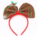 Detail of Christmas headband featuring glittery red and green bow with Merry Christmas text - Green Plaid With Small Flower