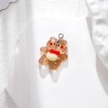 Cute brown resin bear charm with red bow and silver ring for DIY jewelry making - Brown Bear With Red Bow