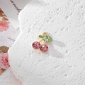 Sparkling pink crystal cherry pendant with green leaves on gold plating for DIY jewelry - Pink Rhinestone Cherry