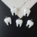 Dettaglio di cinque ciondoli a forma di dente in resina bianca con anelli per gioielli - Denti Forati In Argento D51 / F820