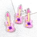 Pink resin guitar pendant charms for DIY jewelry making with metallic jump rings - Pink Guitar