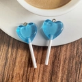 Blue glitter resin heart lollipop charms with metal rings for DIY jewelry making - Heart Shape Lollipop / Blue
