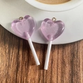 Translucent purple heart lollipop resin charm with fine glitter and gold hanging loop - Heart Shape Lollipop / Purple