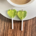 Translucent green resin heart lollipop charm with fine glitter and golden metal ring - Heart Shape Lollipop / Green