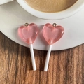 Pink heart-shaped resin lollipop pendant with silver glitter and golden metal ring - Heart Shape Lollipop / Pink