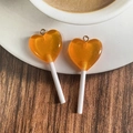 Orange heart resin lollipop charms with glitter for DIY earrings and jewelry making - Heart Shape Lollipop / Orange