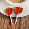 Set of 2 translucent red resin heart lollipop pendants with glitter and gold metal hooks - Heart Shape Lollipop / Red