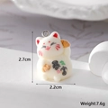 Cute white flocked Maneki Neko 3D lucky cat charm with Bao Fu character and metal ring - Get Rich