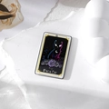 Detailed close-up of The Black Cat tarot acrylic pendant with purple roses and gold trim - THE BLACK CAT