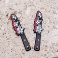 Detail of acrylic Halloween knife pendants with lily flower patterns and red blood splatters - 3-Flower Cutter Shape