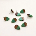 Macro detail of teardrop wood and mint green resin earrings with silver metal pins - Green Teardrop