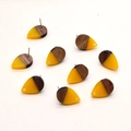 Detail of tear-drop wood and yellow resin earring components with metal studs - Yellow Teardrop