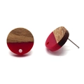 Detail of round wood and red resin earrings with gold leaf accents and metal studs - Earring Post (C357) / Red Round