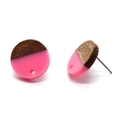 Detail of round wood and pink resin stud earrings with a smooth polished texture - Earring Post (C357) / Pink Round