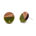 Detailed view of round resin and wood earrings with olive green translucent finish - Earring Post (C357) / Green Round